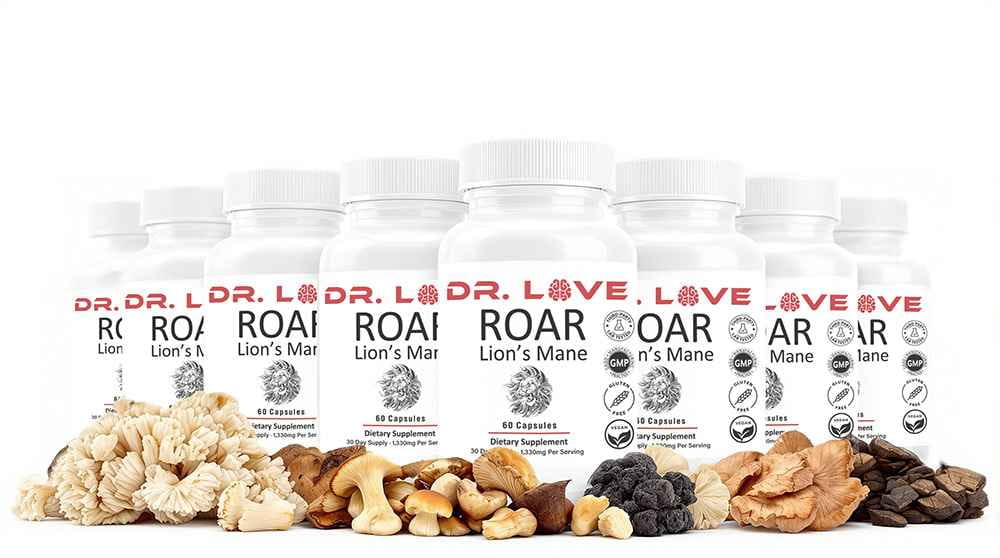 Six-bottle Roar Lion's Mane pack with fresh mushrooms