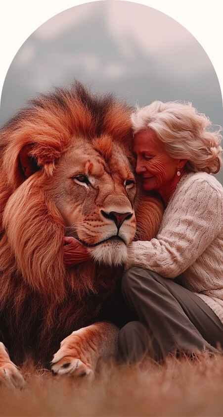 A calm woman resting against a lion in a mountain meadow, the spirit of Roar