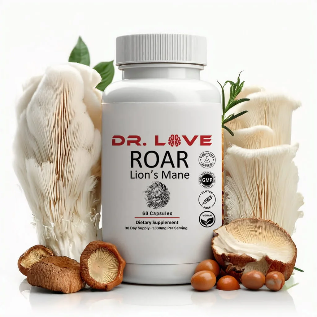 Roar Lion's Mane bottle surrounded by fresh Lion's Mane mushrooms
