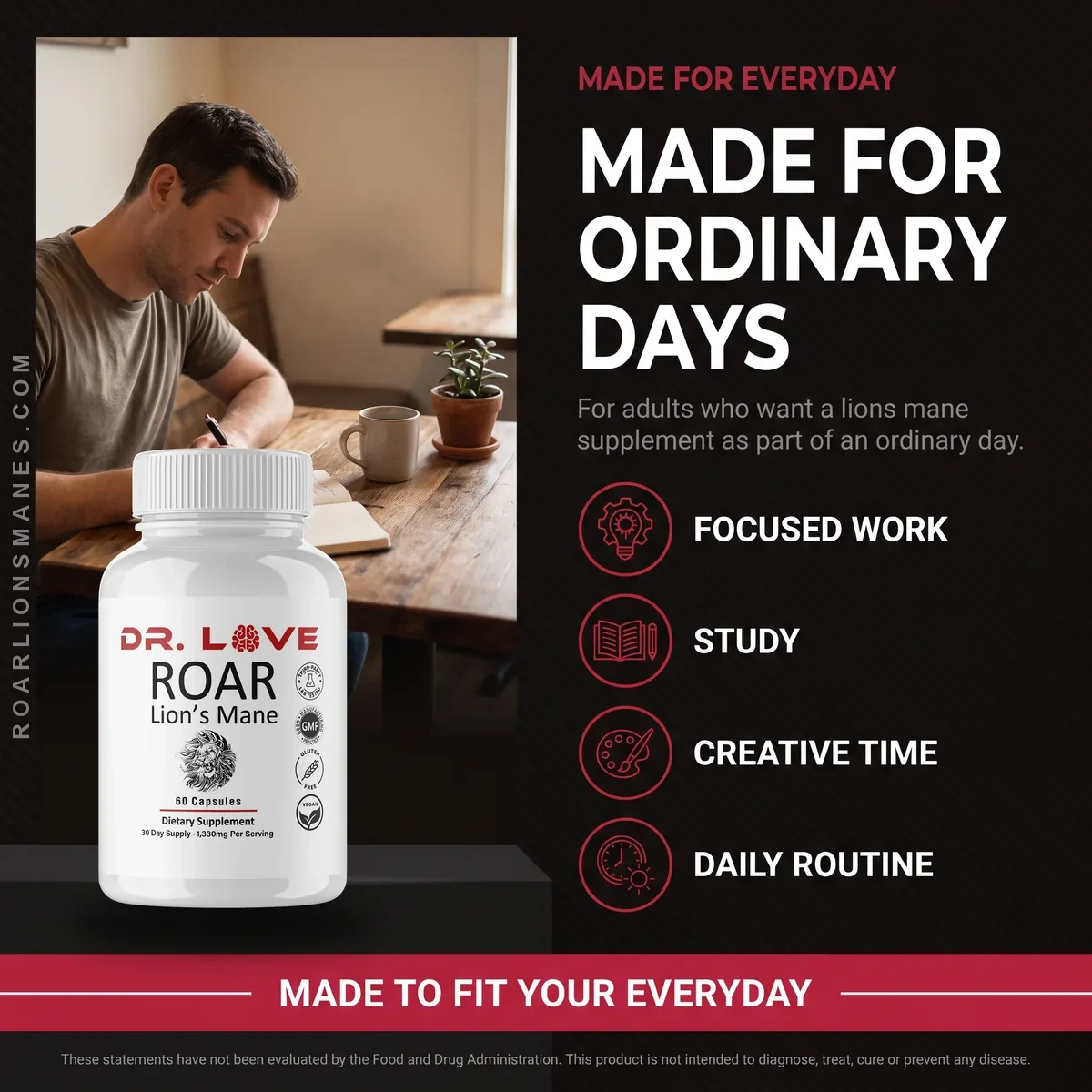 Roar Lion's Mane made for ordinary days: focused work, study, creative time and daily routine