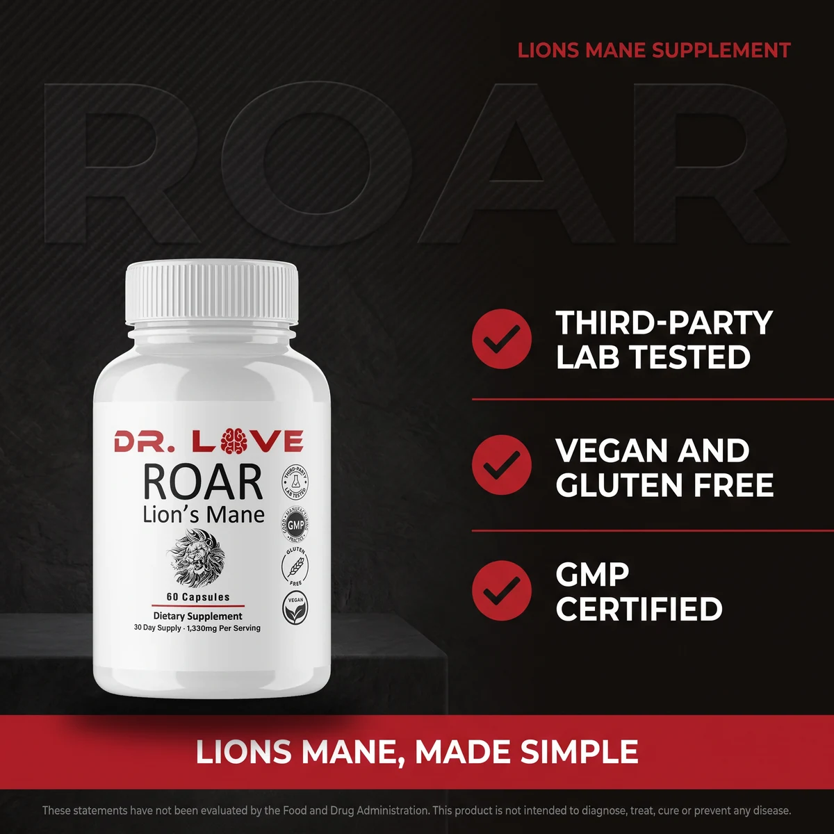 Why Roar: third-party lab tested, vegan and gluten free, GMP certified