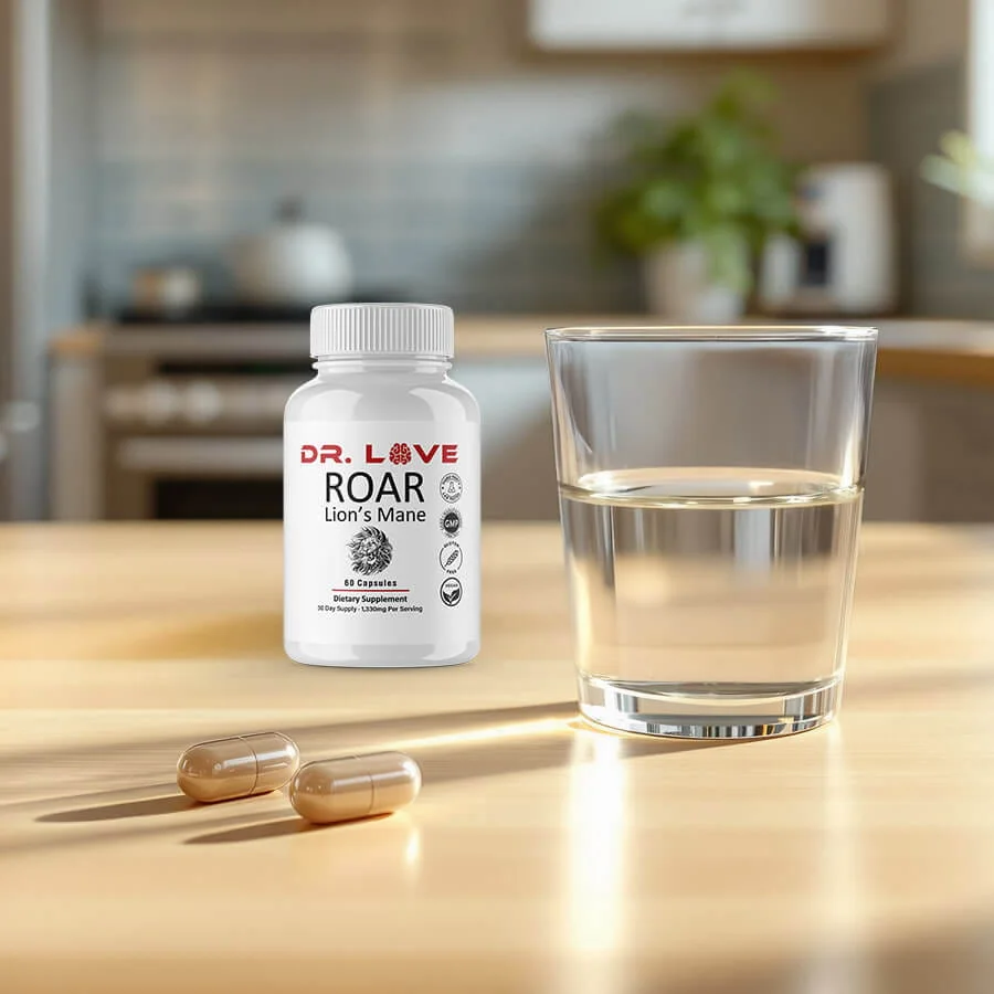 Two Roar Lion's Mane capsules beside a glass of water on a kitchen counter