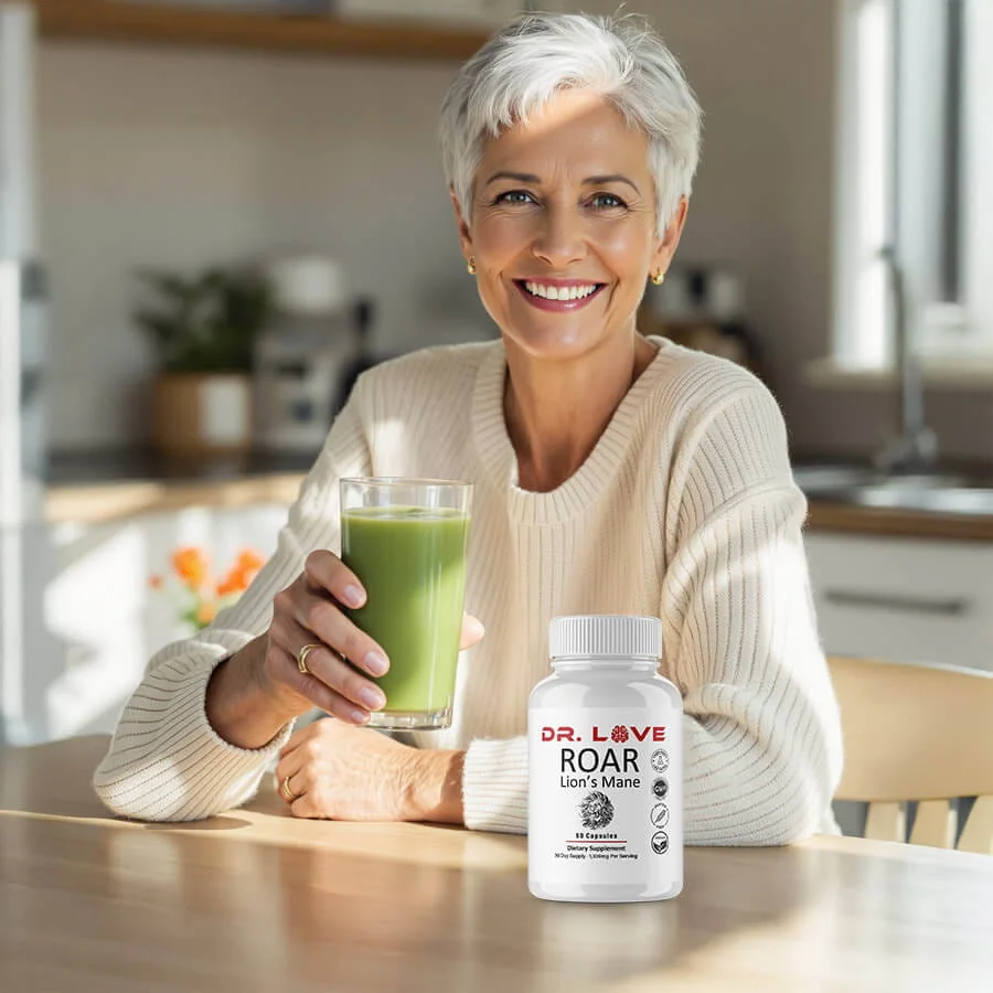 Woman enjoying a green drink beside her Roar Lion's Mane bottle in a bright kitchen