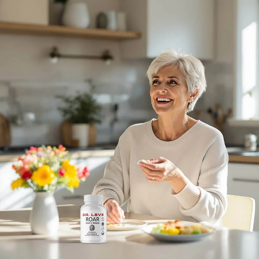 Woman smiling at a kitchen table with a healthy meal and her Roar Lion's Mane bottle